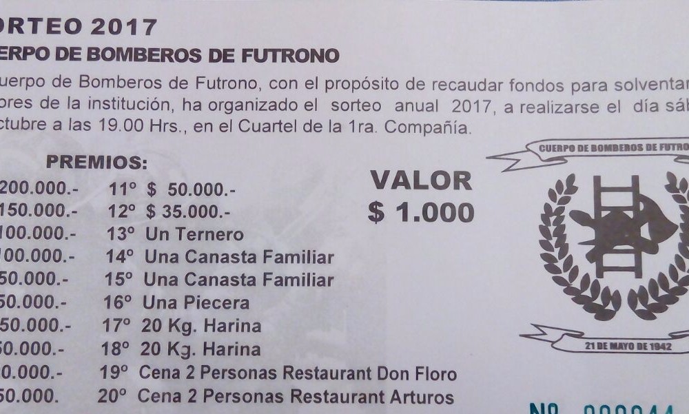Más de 1 millón de pesos sorteará la Rifa Anual de bomberos de Futrono