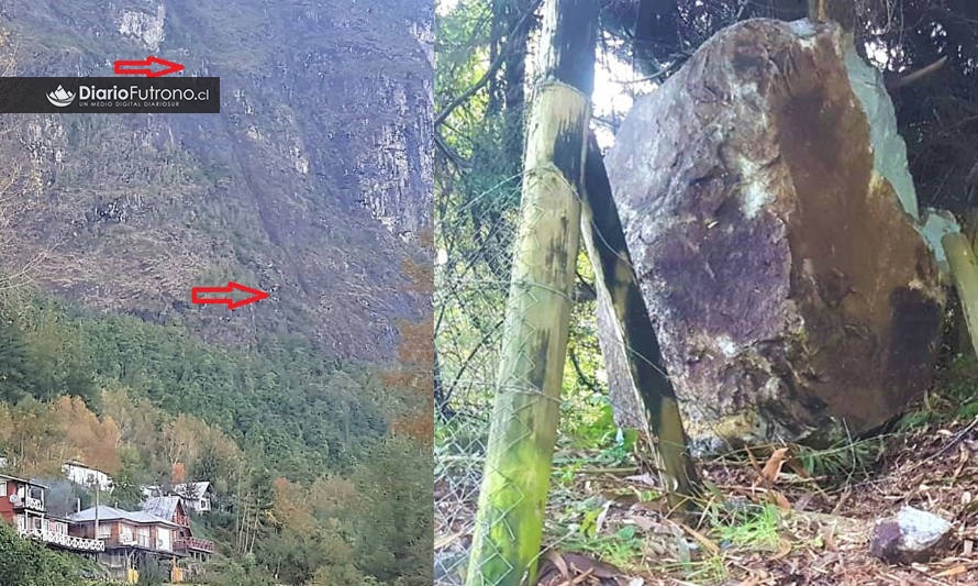 Gigantesca roca cayó desde cerro en Llifén y terminó a metros de una casa