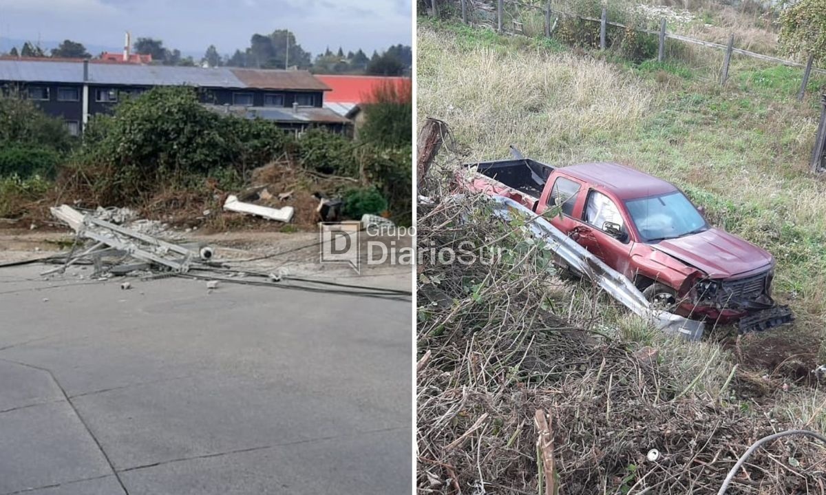 Conductor arrasó con tendido eléctrico y desbarrancó esta madrugada en Futrono