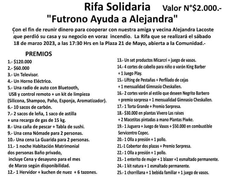 Ya están a la venta números de Rifa Solidaria en Futrono ...